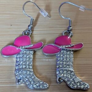 AM9 Silver Toned Pink Enamel Rhinestone Cowboy Hat And Boots Earrings